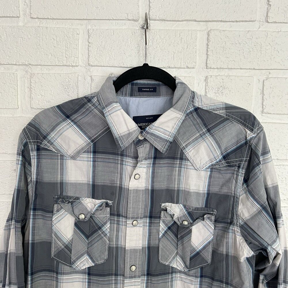 American Eagle Pearl Snap Shirt Mens L Vintage Fit Plaid Double Snap Cuff